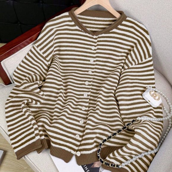 Brown Casual Women's Vivid Style Street Striped Knit Cardigan sweater - Picture 3 of 7